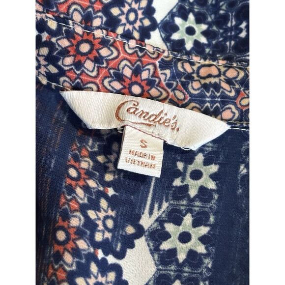 Candies‎ Blue/Pink Floral Long Tab Sleeve Button Up Blouse Size S Open Shoulder - Picture 5 of 7